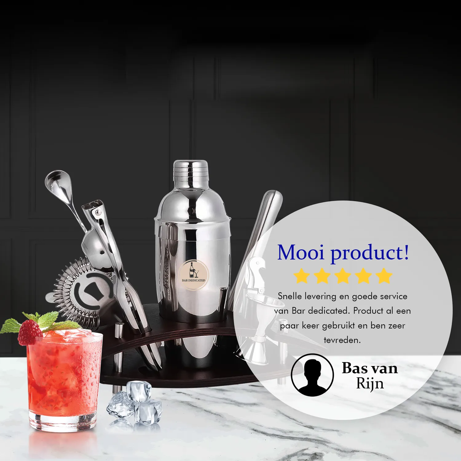 Bar Dedicated Silver 8-delige cocktailset zilver met standaard
