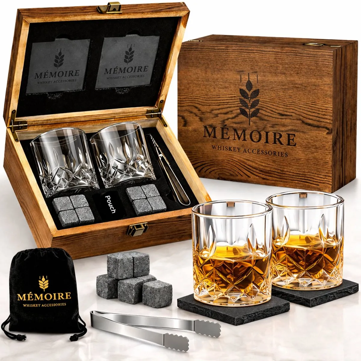 Memoire whiskey cadeauset 2 personen granieten stones