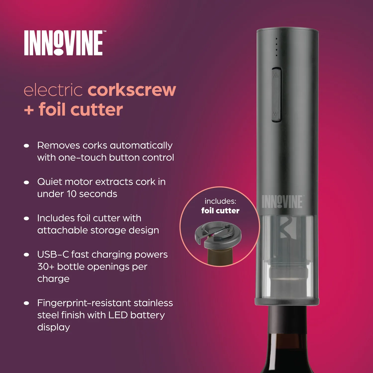 Innovine Serve Electric Corkscrew elektrische kurkentrekker met foliesnijder