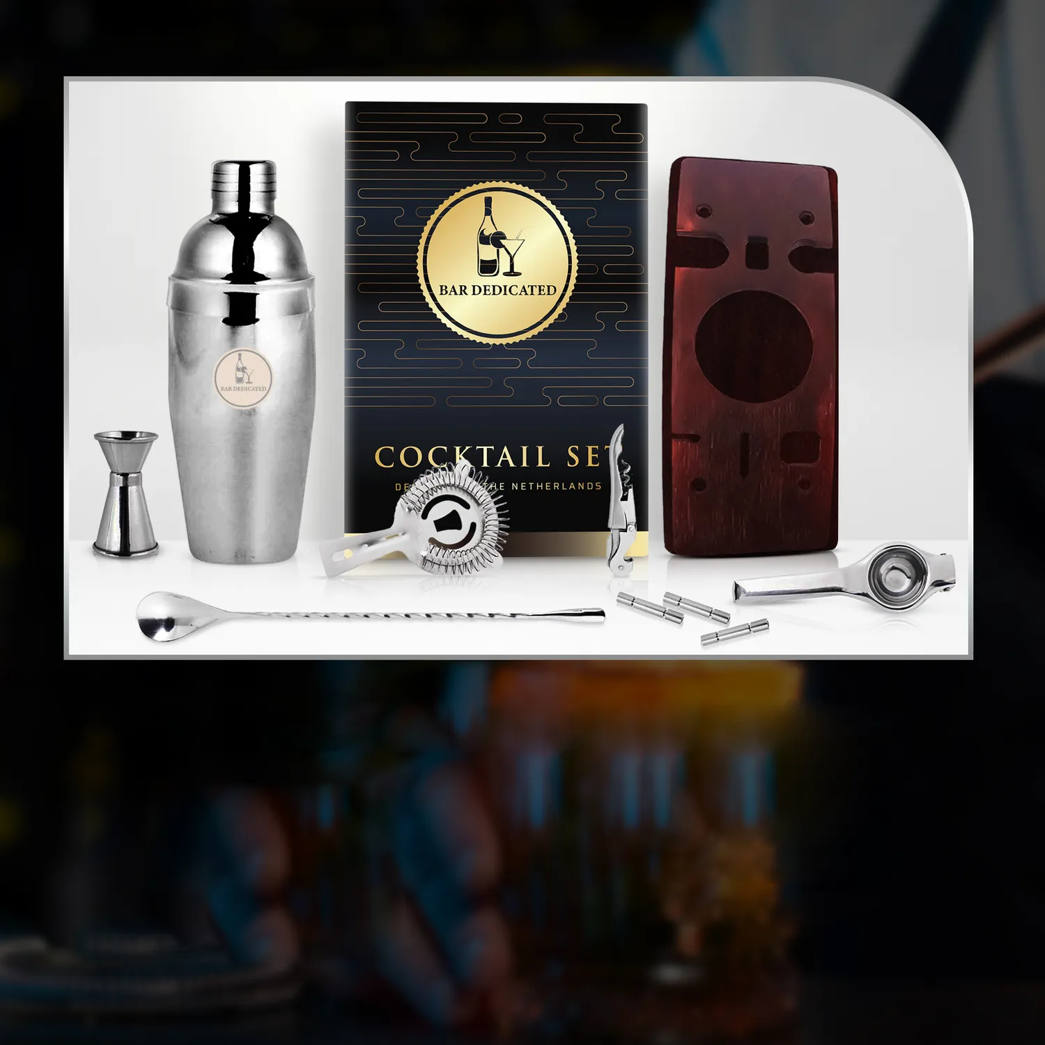Bar Dedicated Silver 8-delige cocktailset zilver met standaard
