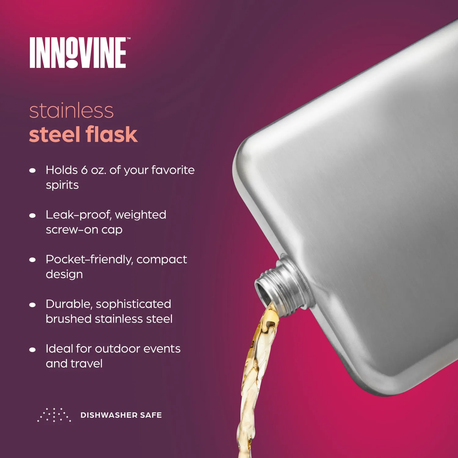 Innovine Brushed Stainless Steel Flask heupfles 177 ml zilver