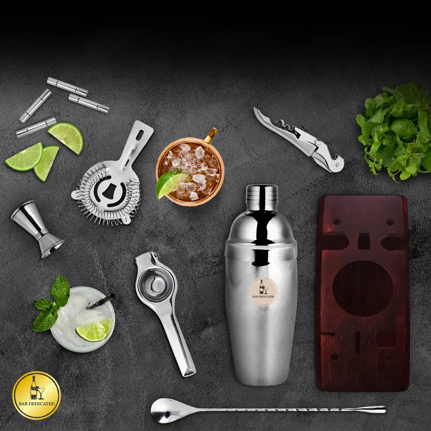 Bar Dedicated Silver 8-delige cocktailset zilver met standaard